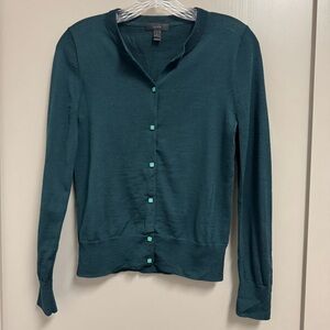 J. Crew 100% Merino Wool Cardigan‎ Square Enamel Buttons Teal Blue Sz S